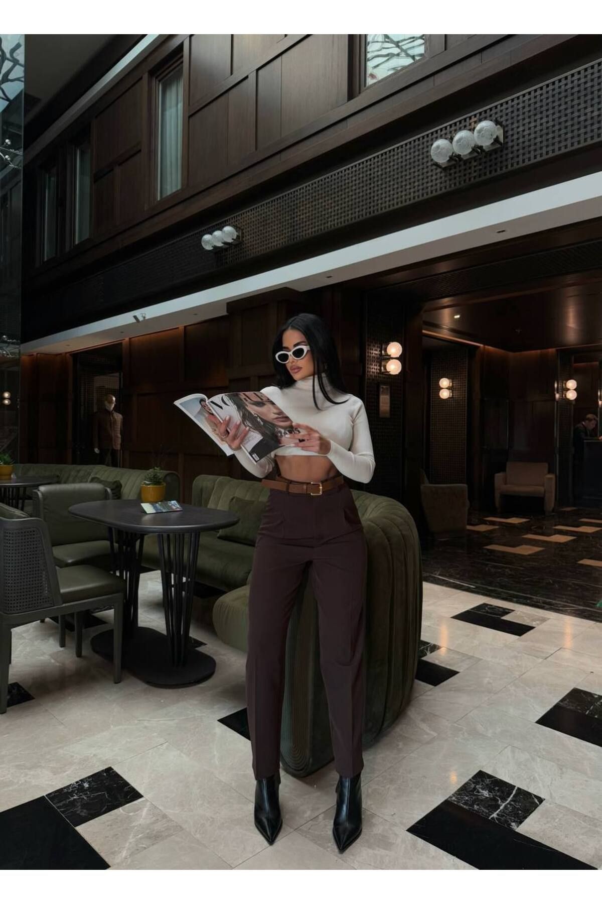 Kadın Acı Kahve Yüksek Bel Pileli Kemerli Premium Pantolon