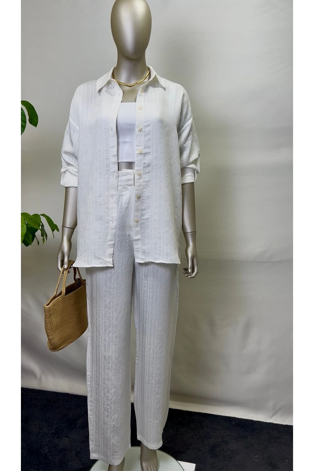 Kadın Beyaz Pantolon Gömlek Alt Üst İkili Takım