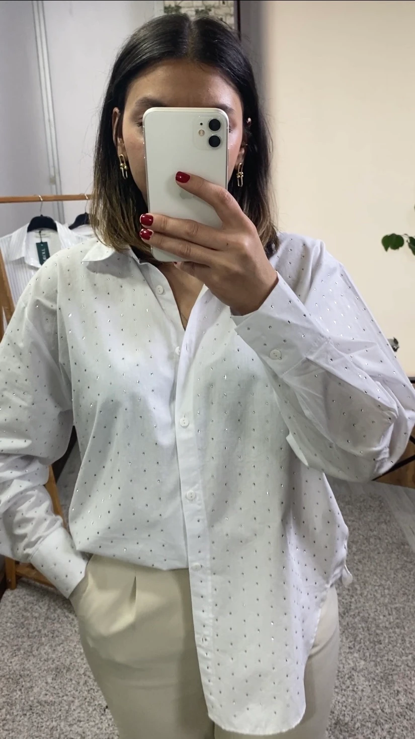 Kadın Beyaz Taşlı Gömlek