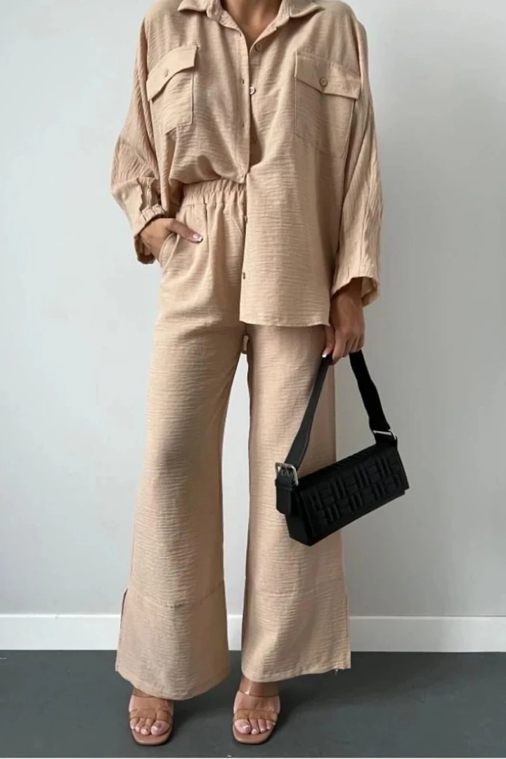 Kadın Bej İkili Keten Gömlek Pantolon Takımı