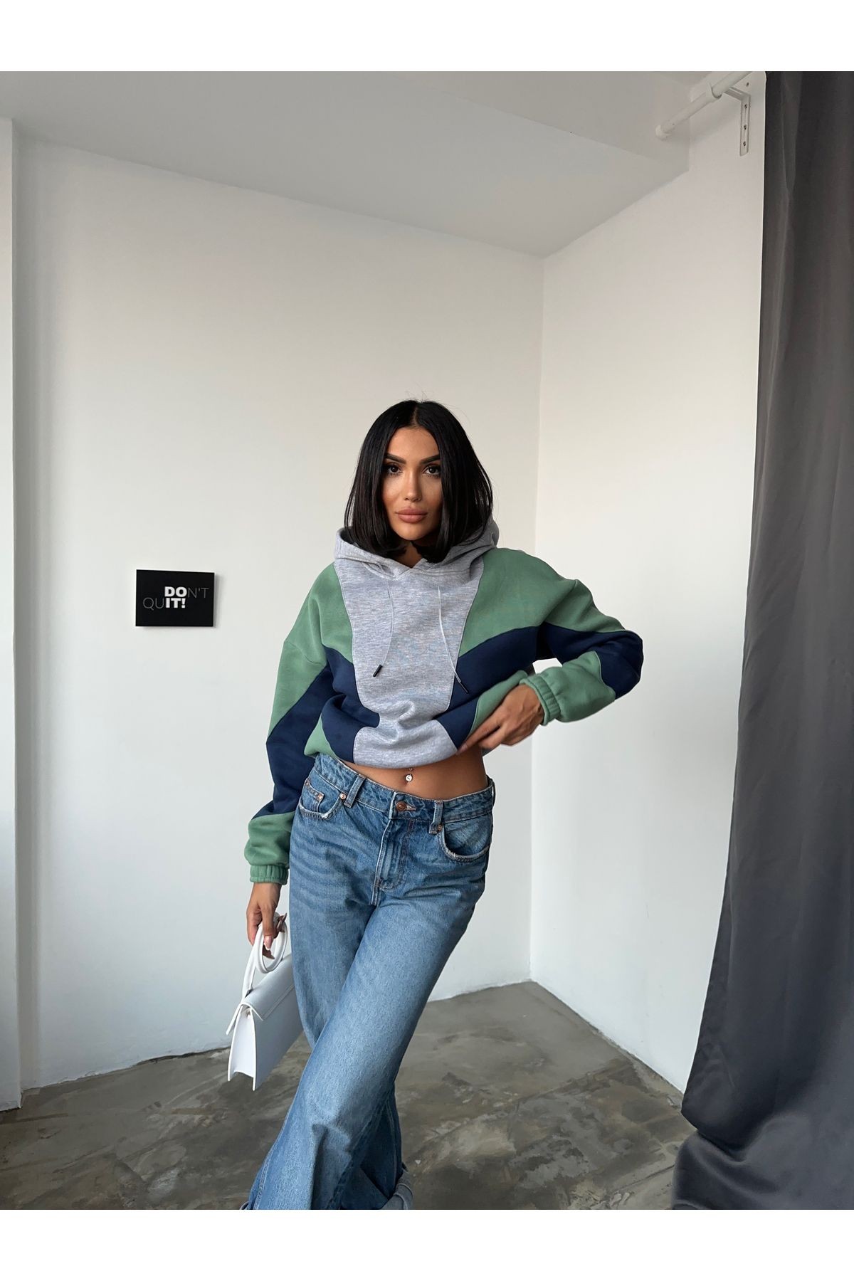 Kadın Üç Renk Garnili Bej Kapüşonlu Sweatshirt
