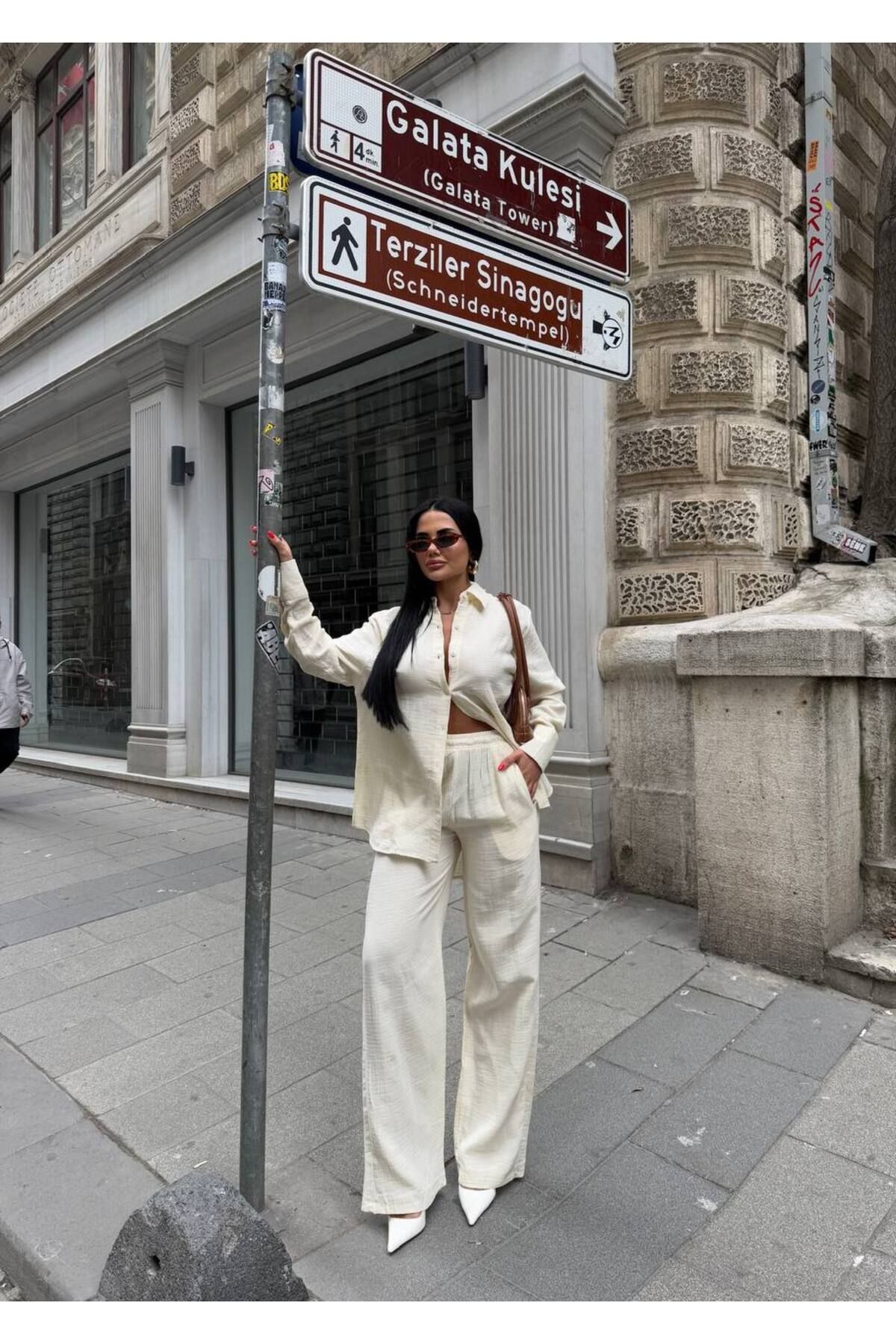 Kadın Bej Ikili Müslin Gömlek Pantolon Alt Üst Takım