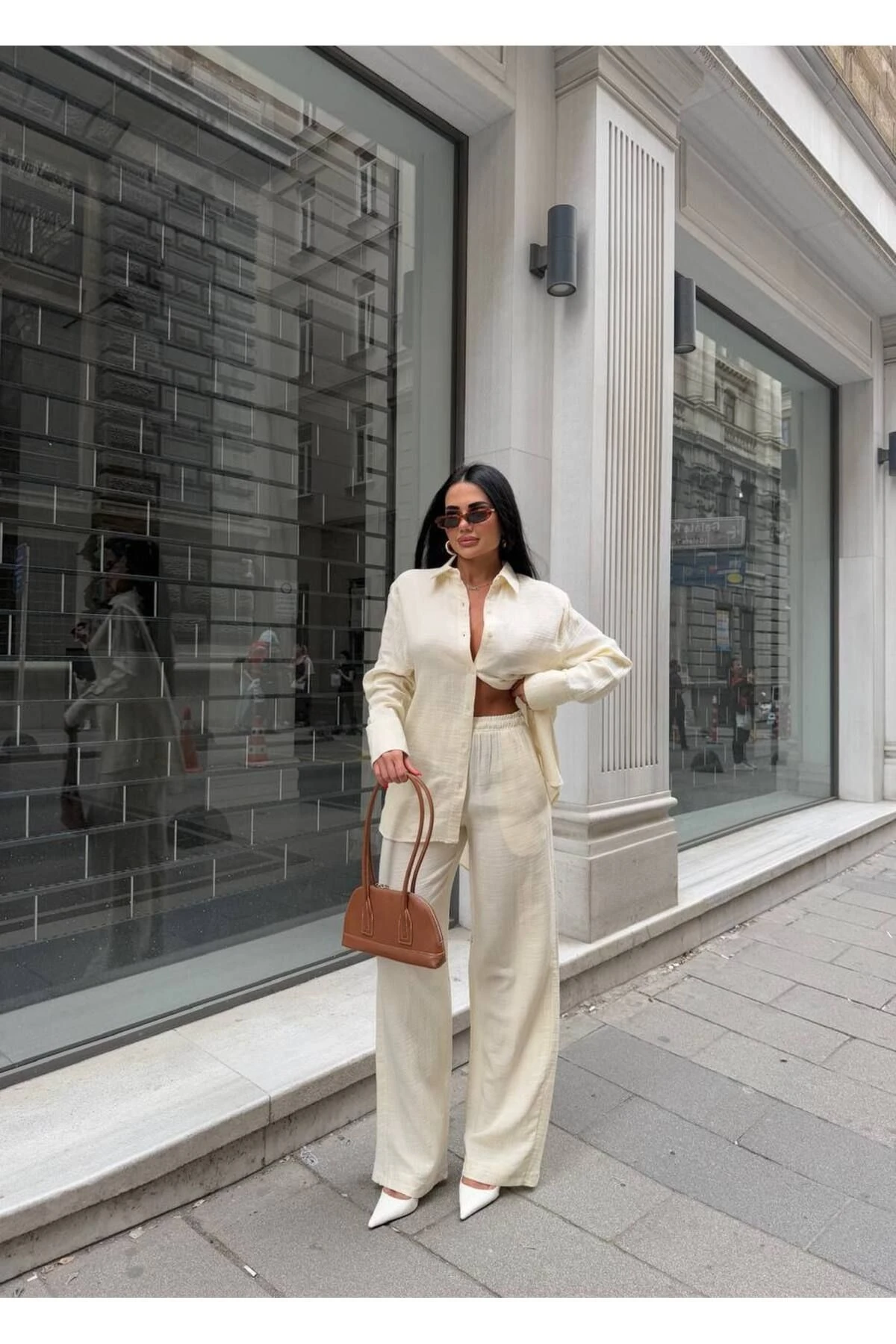 Kadın Bej Ikili Müslin Gömlek Pantolon Alt Üst Takım