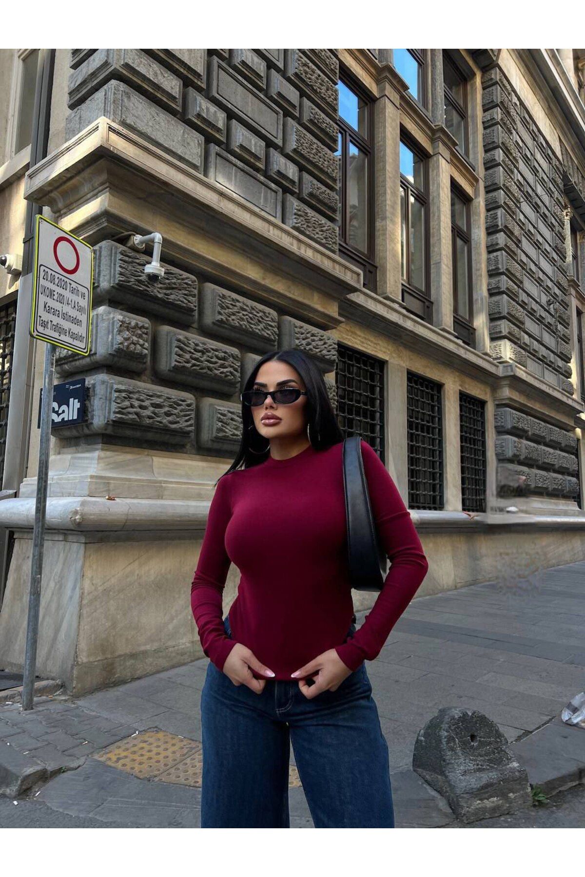 Kadın Bordo Uzun Kollu Likralı Body