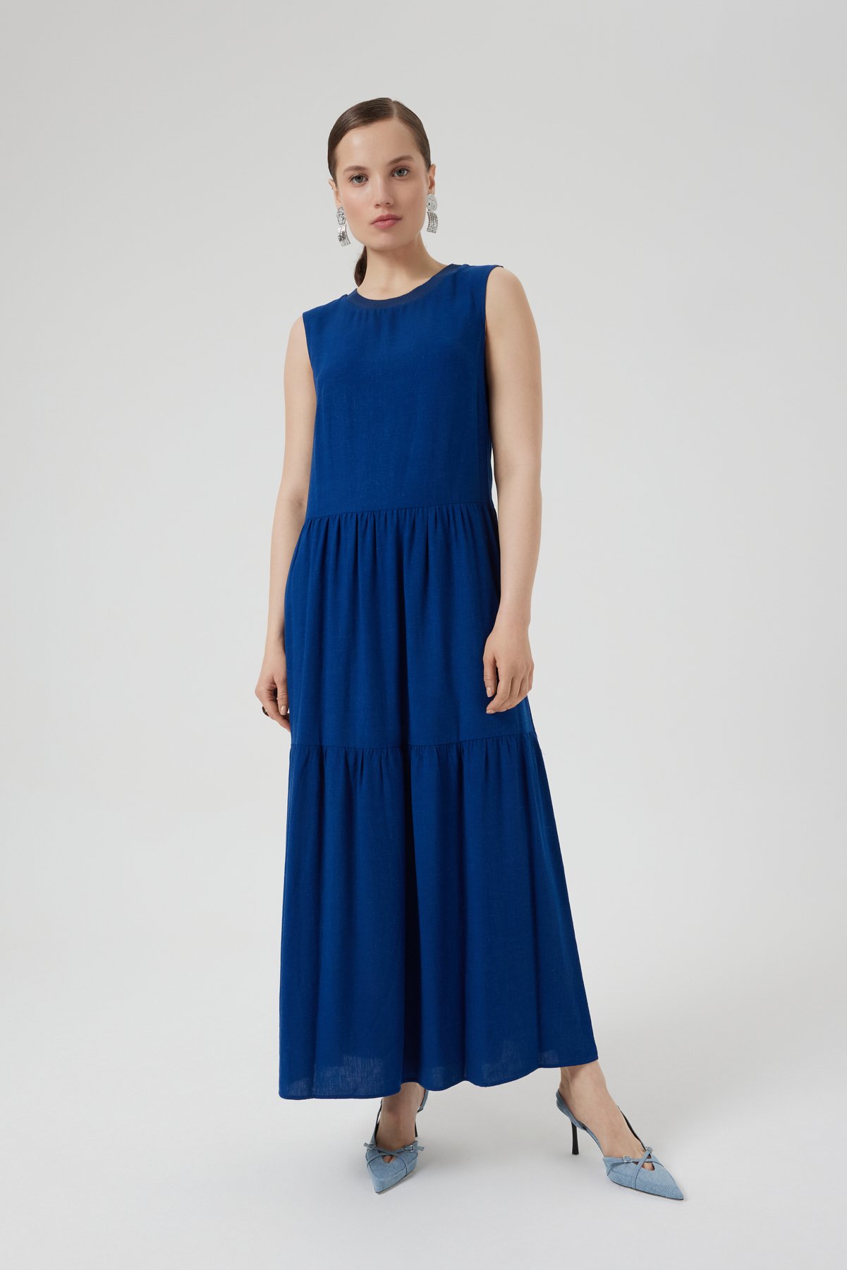Keten Dokulu Maxi Elbise - NAVY BLUE