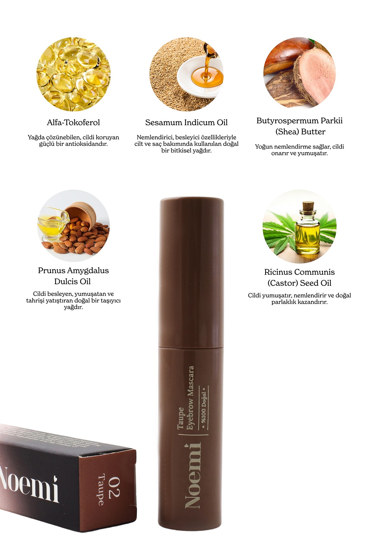%100 Doğal, 3’ü 1 Arada Kaş Maskarası / Eyebrow Mascara - 02 Taupe Brown / Açık Kahve