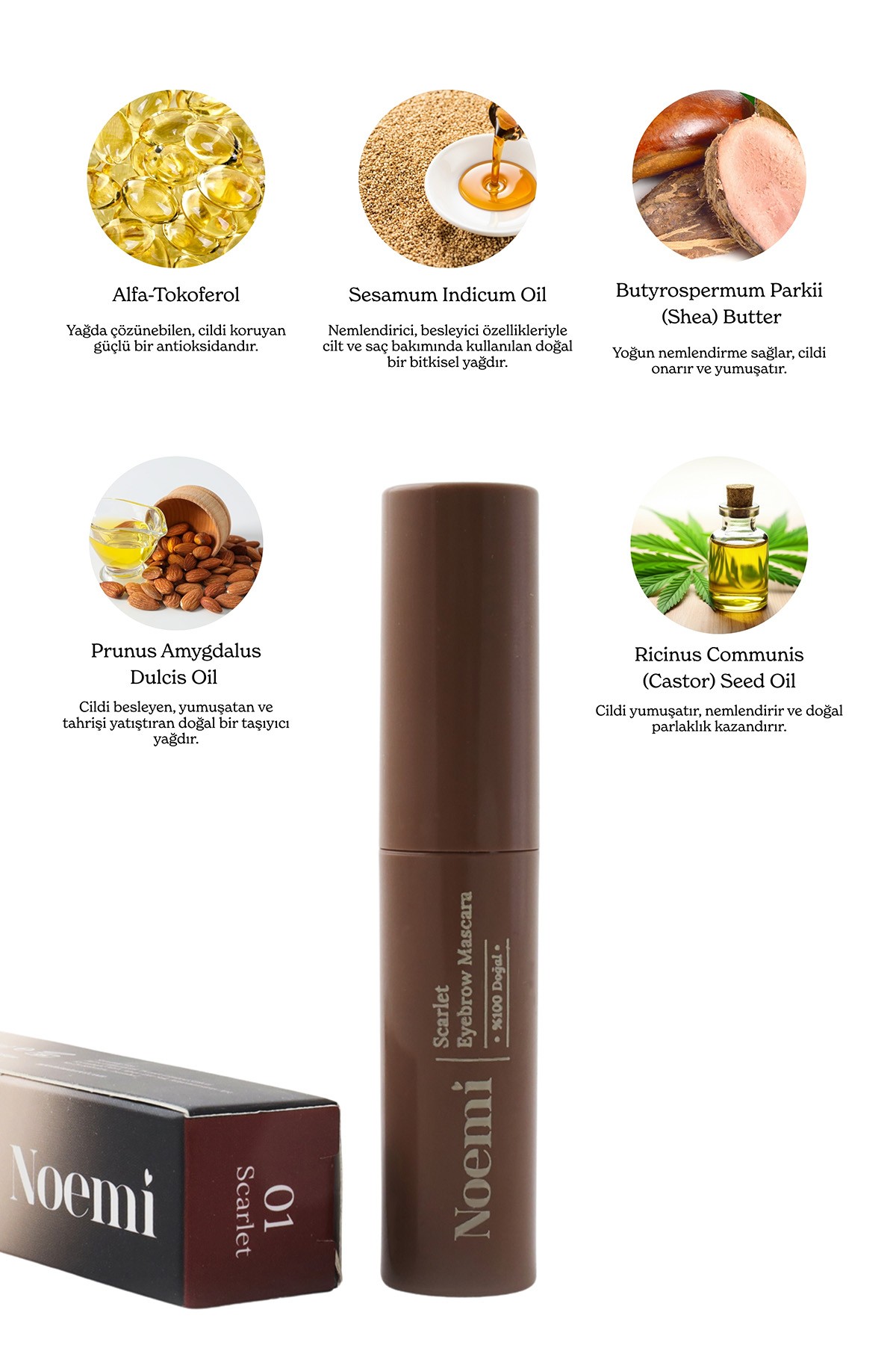 %100 Doğal, 3’ü 1 Arada Kaş Maskarası / Eyebrow Mascara – 01 Scarlet Bakır / Kızıl