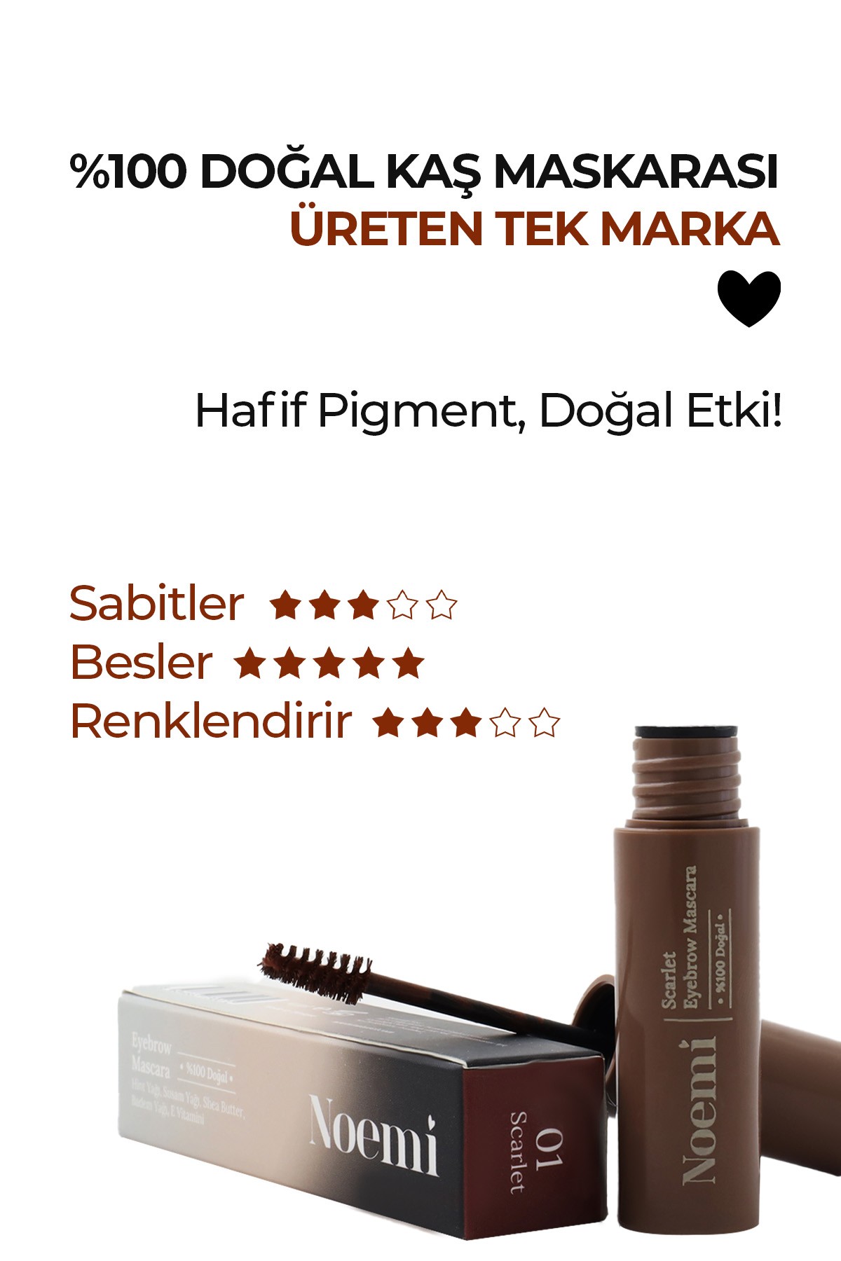 %100 Doğal, 3’ü 1 Arada Kaş Maskarası / Eyebrow Mascara – 01 Scarlet Bakır / Kızıl