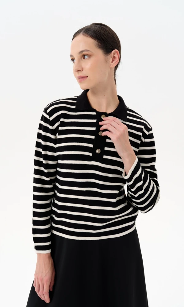 Çizgili Polo Yaka Triko Bluz