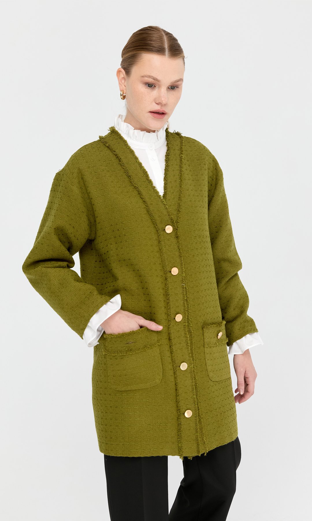 Püskül Detay Tüvit Ceket Olive