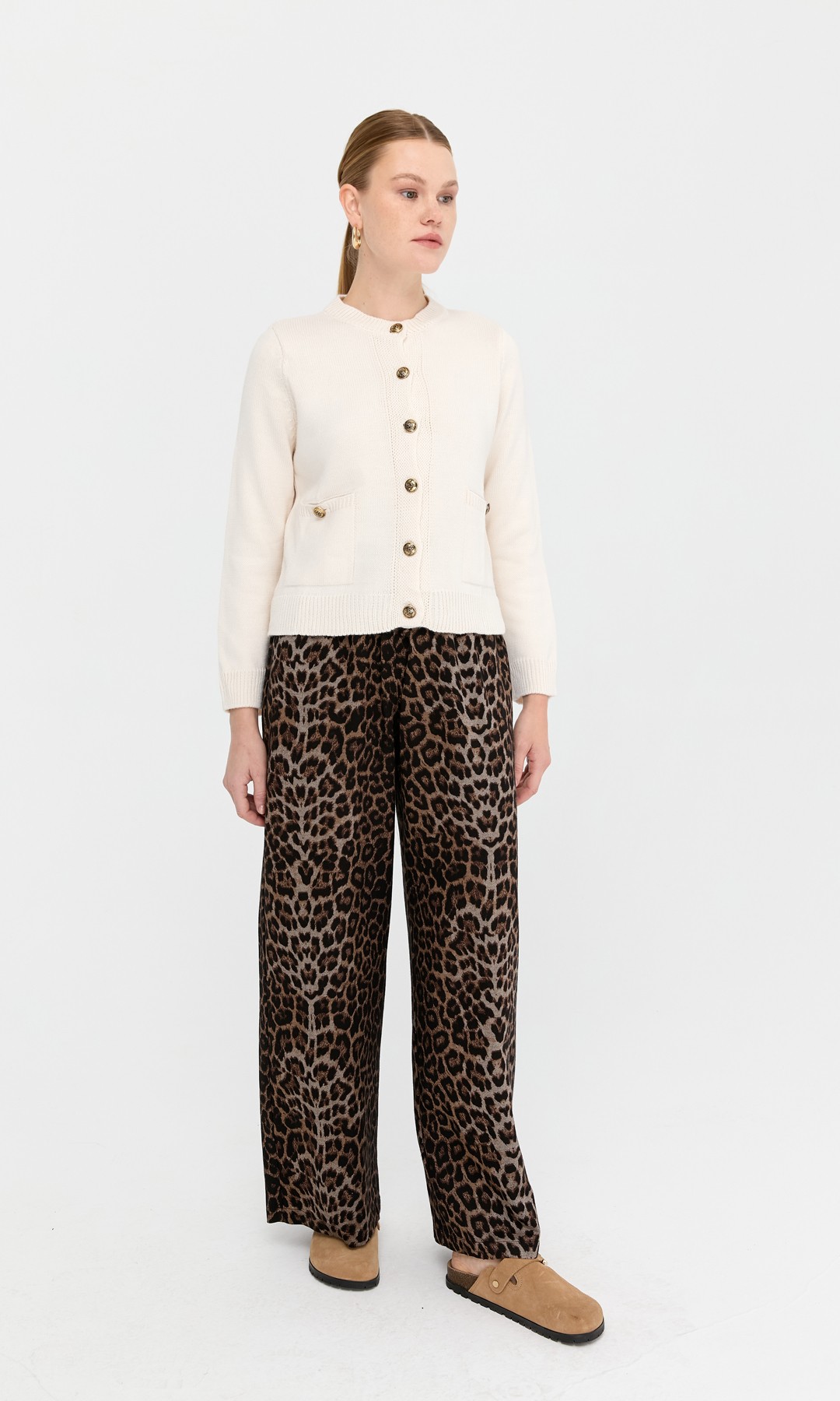 Leopar Desen Dokuma Pantolon