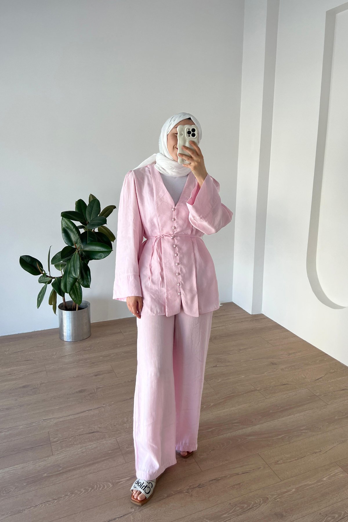Önden Düğmeli Modal Takım pembe