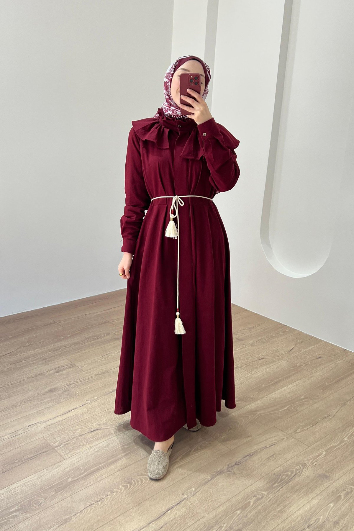 Midye Yaka Keten Elbise Bordo