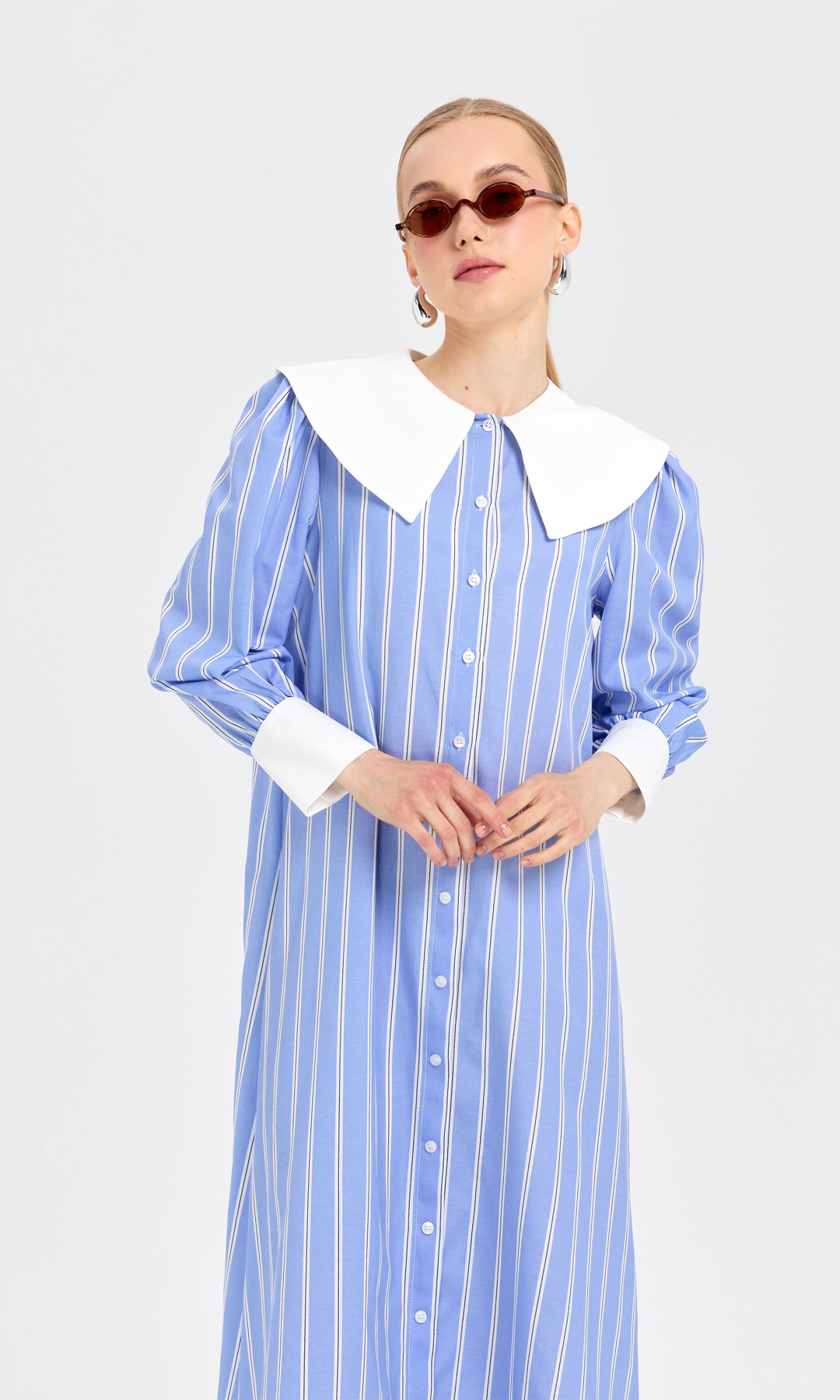 Çizgili Poplin Elbise Mavi