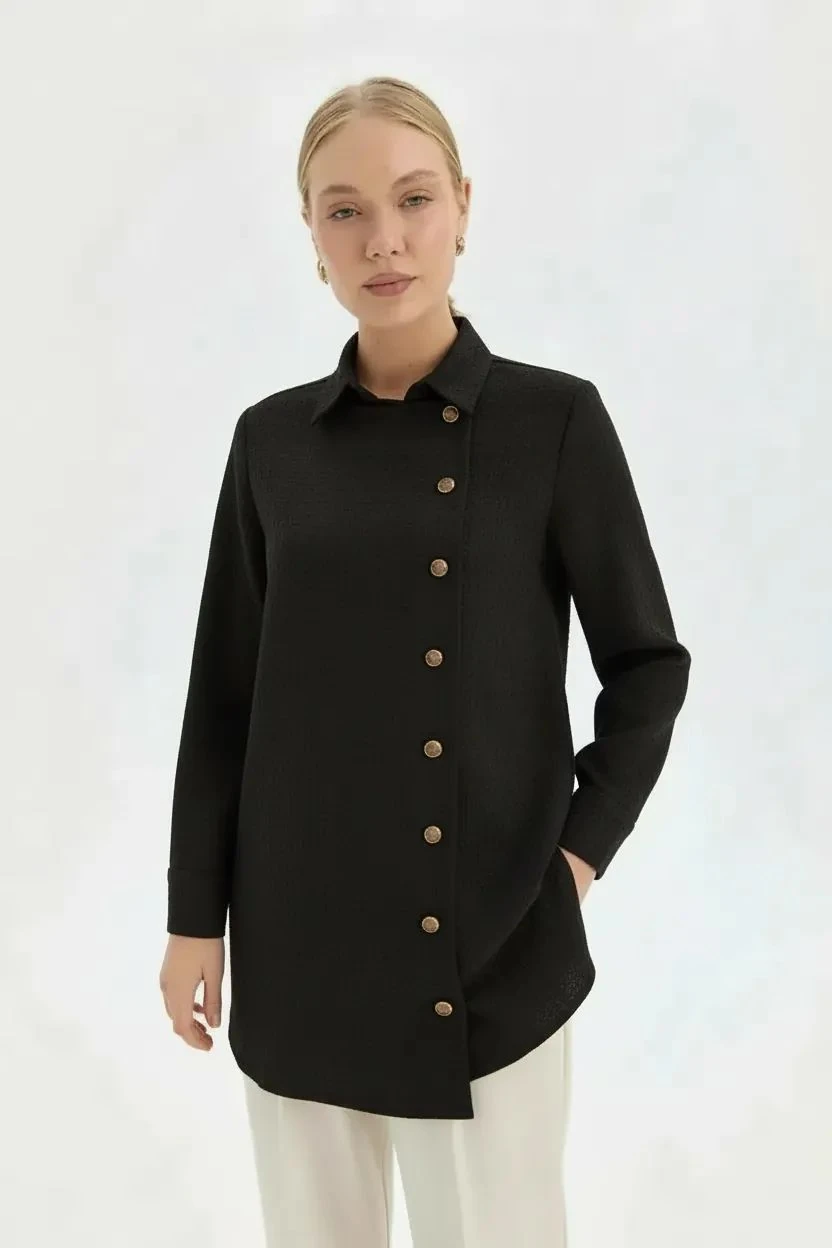 Asimetrik Tüvit Gömlek - Siyah