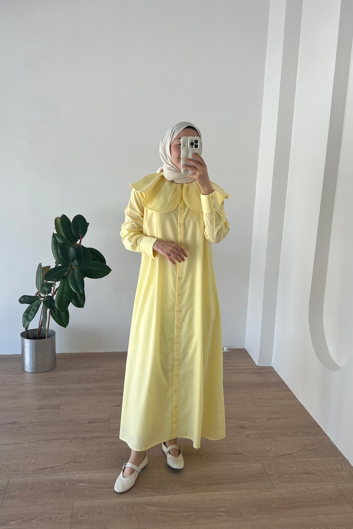 Papatya Yaka Vual Elbise Soft Sarı