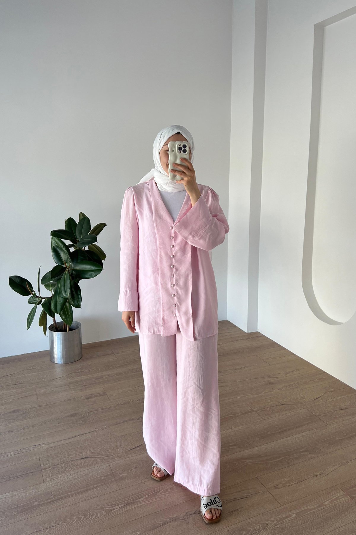 Önden Düğmeli Modal Takım pembe