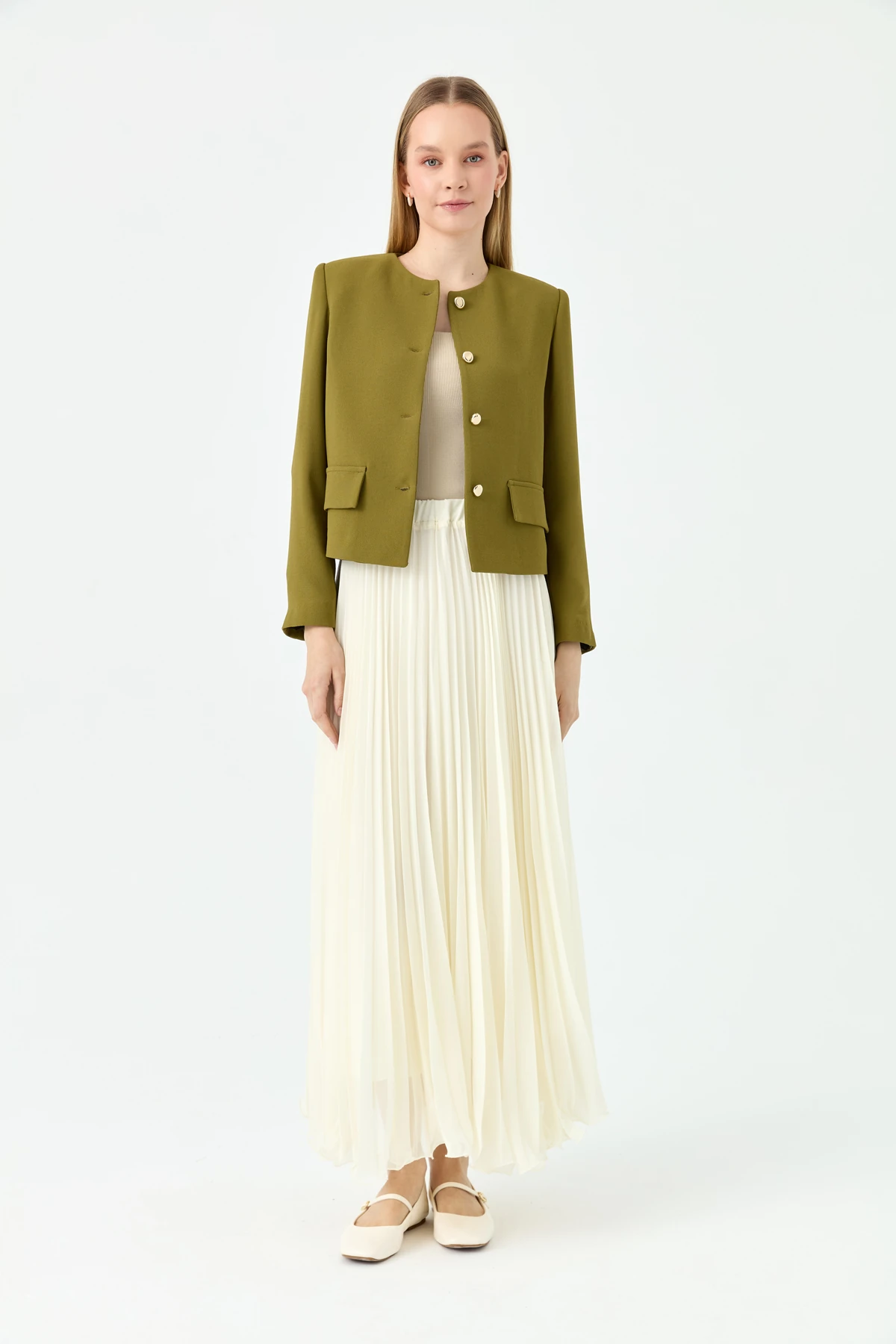 Cep Detaylı Krep Ceket Olive