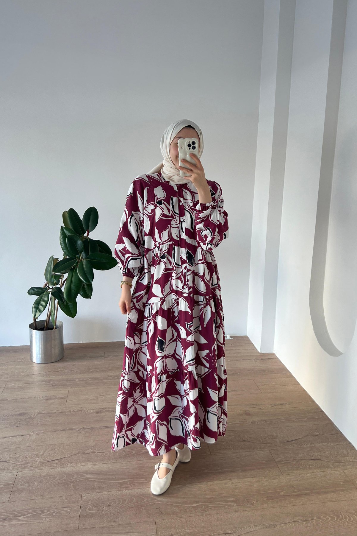Floral Desen Elbise Bordo