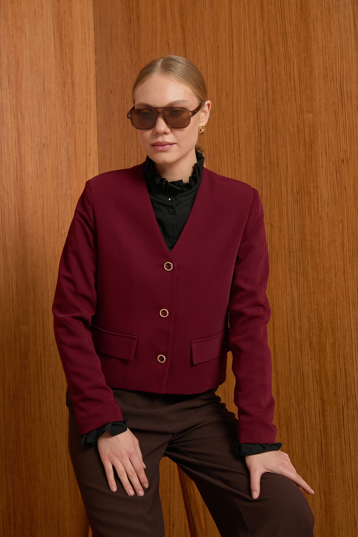 V Yaka Crop Ceket - Bordo
