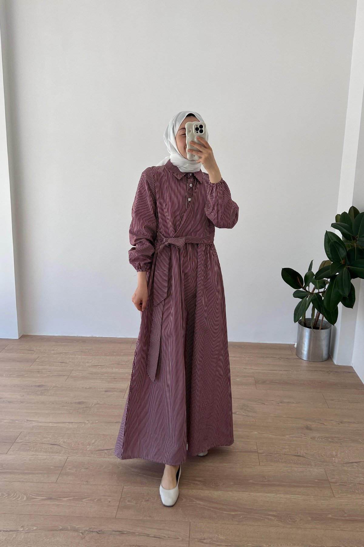 Çizgili Elbise Bordo
