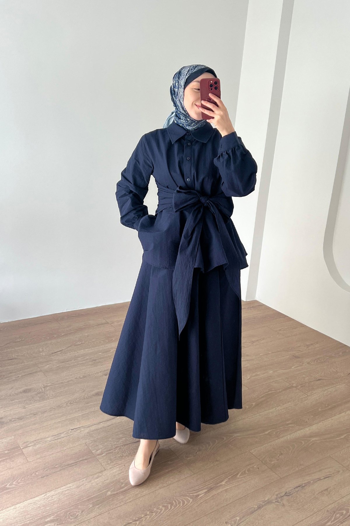 Belden Bağlamalı Etekli Takım Lacivert