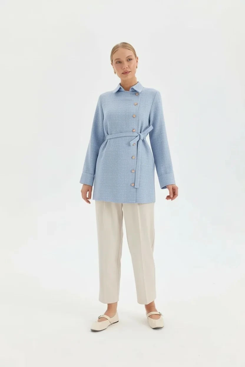 Asimetrik Tüvit Gömlek - Buz Mavi