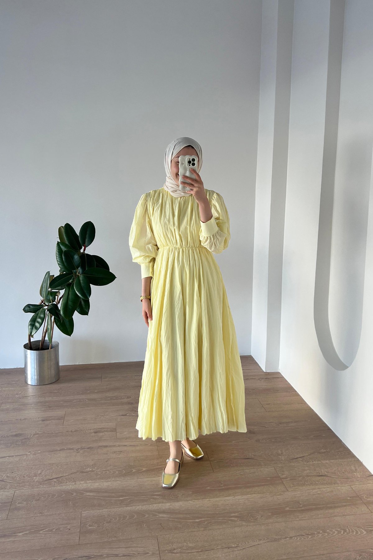 Kırışık Vual Elbise Soft Sarı