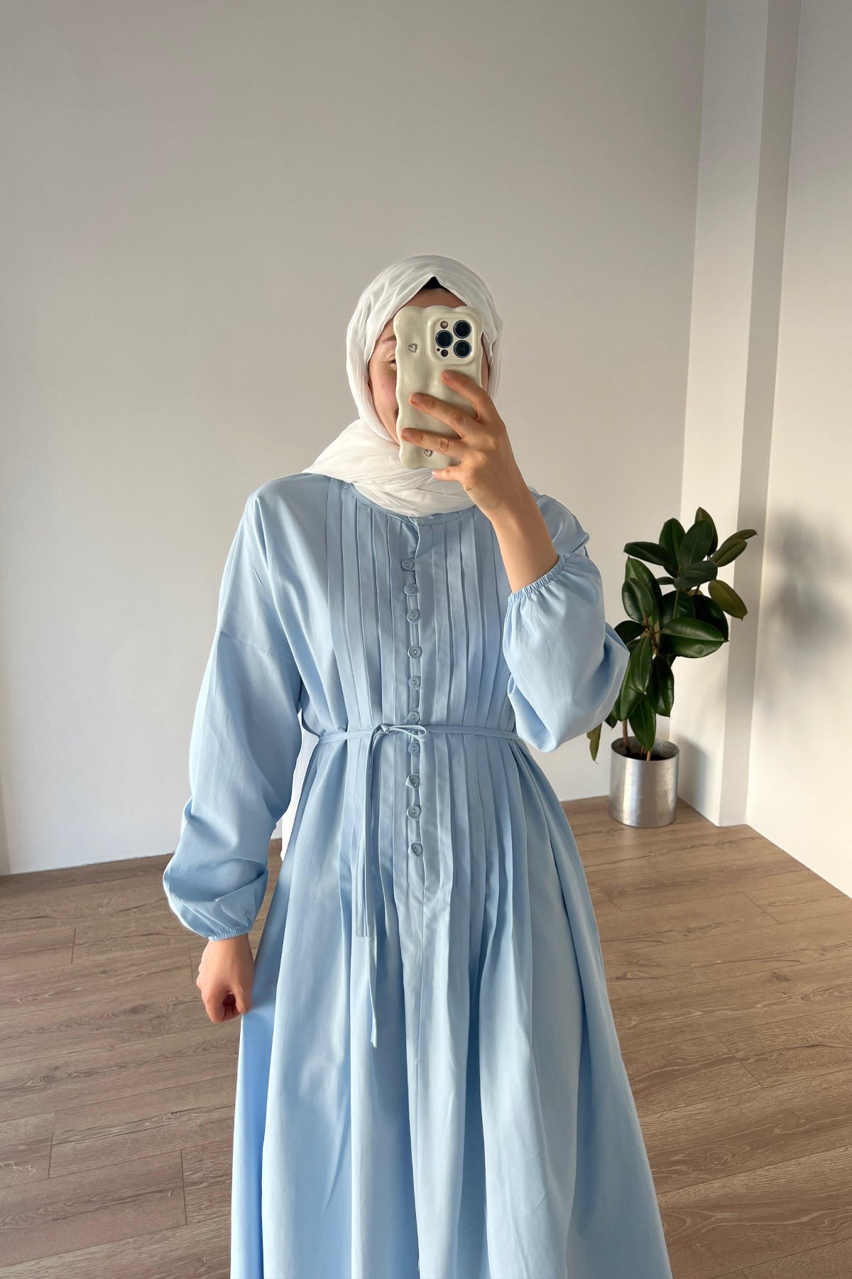 Nervürlü Poplin Elbise Buz Mavi