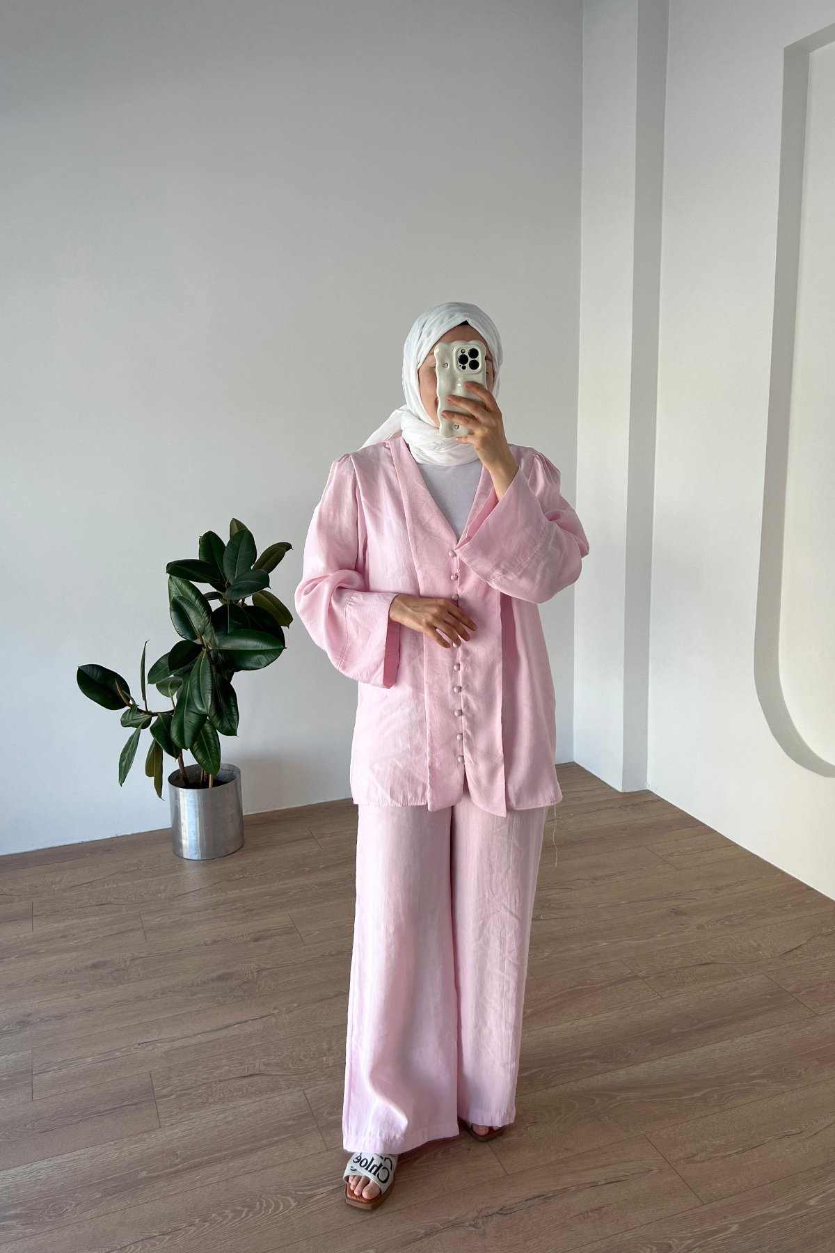 Önden Düğmeli Modal Takım pembe