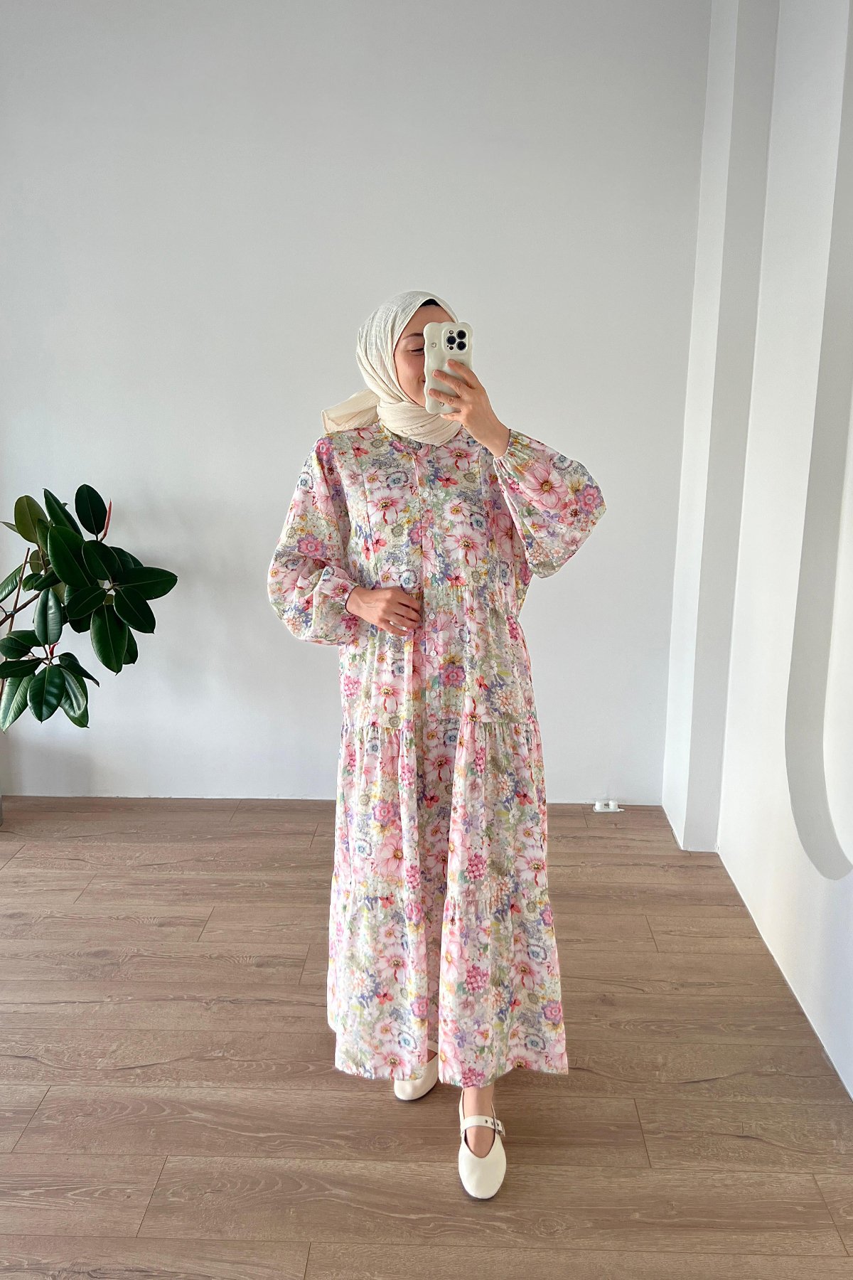 Çiçekli Modal Elbise Pembe
