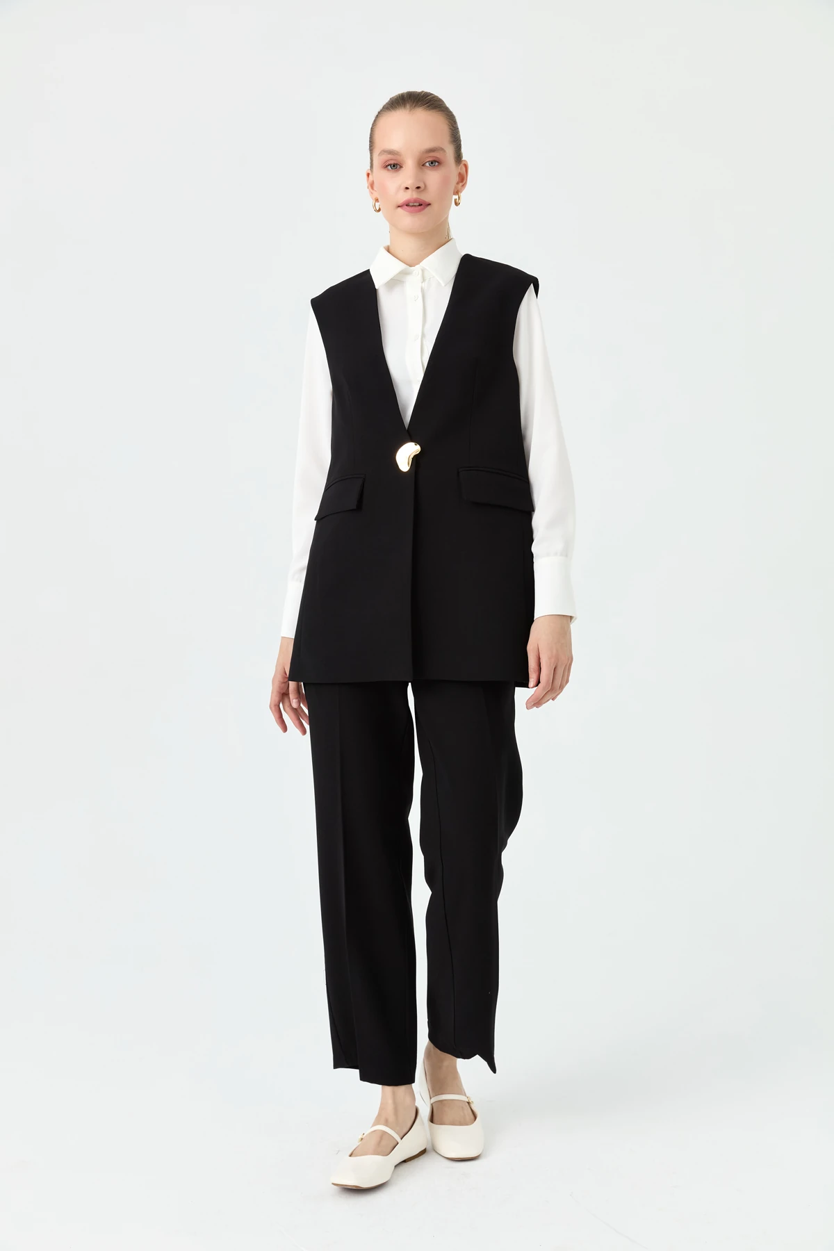 Büyük Düğmeli Yelek Siyah