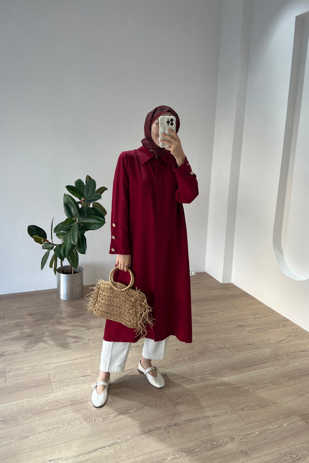 Düğme Detaylı Maxi Gömlek Bordo