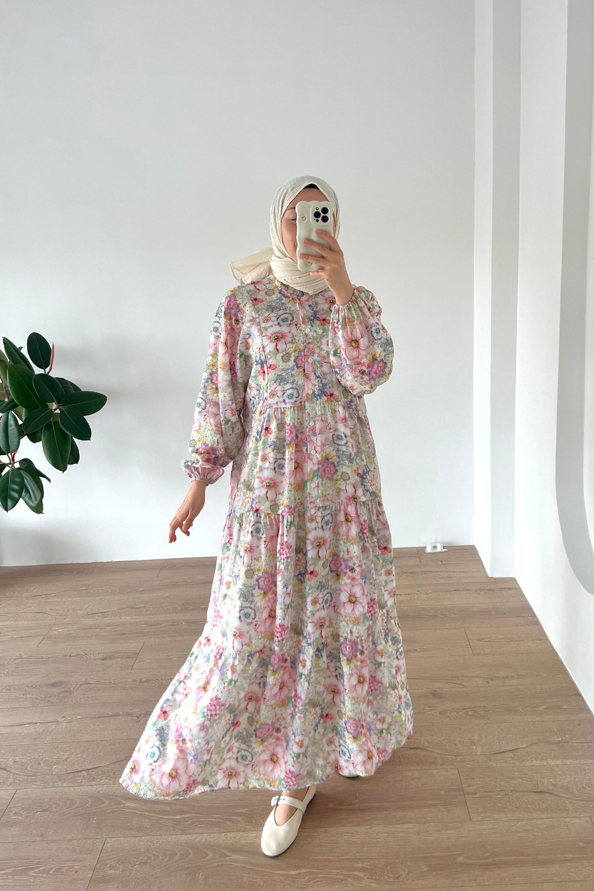 Çiçekli Modal Elbise Pembe