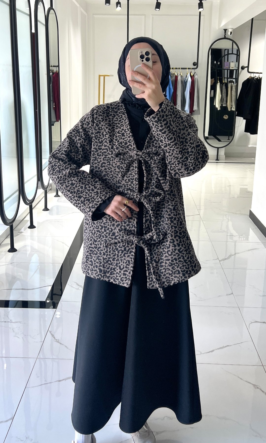 Bağcıklı Kaşe Ceket Leopar