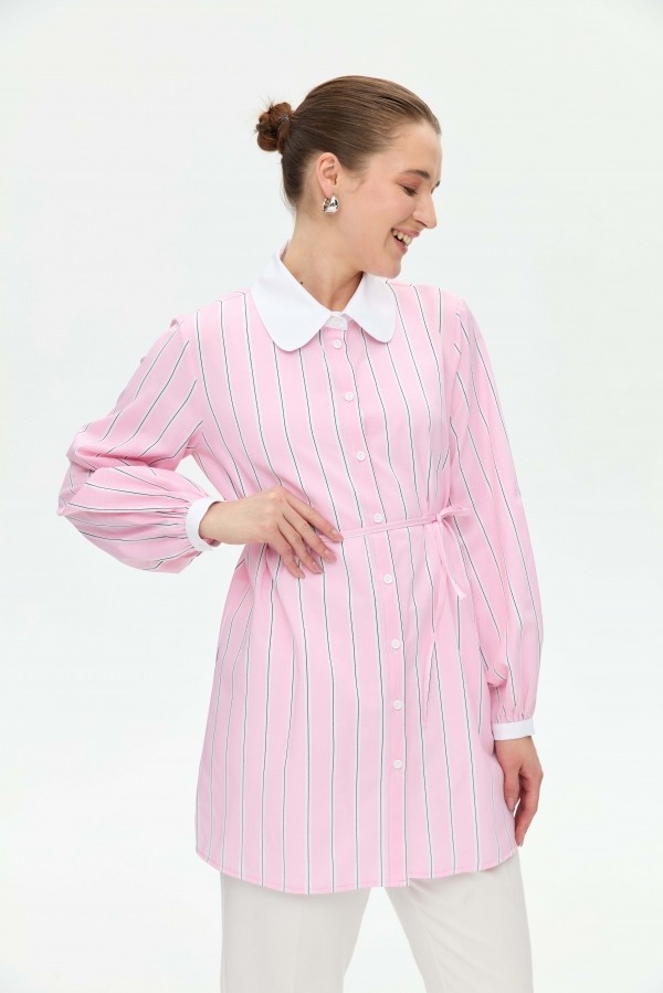 Çizgili Poplin Gömlek - Pembe