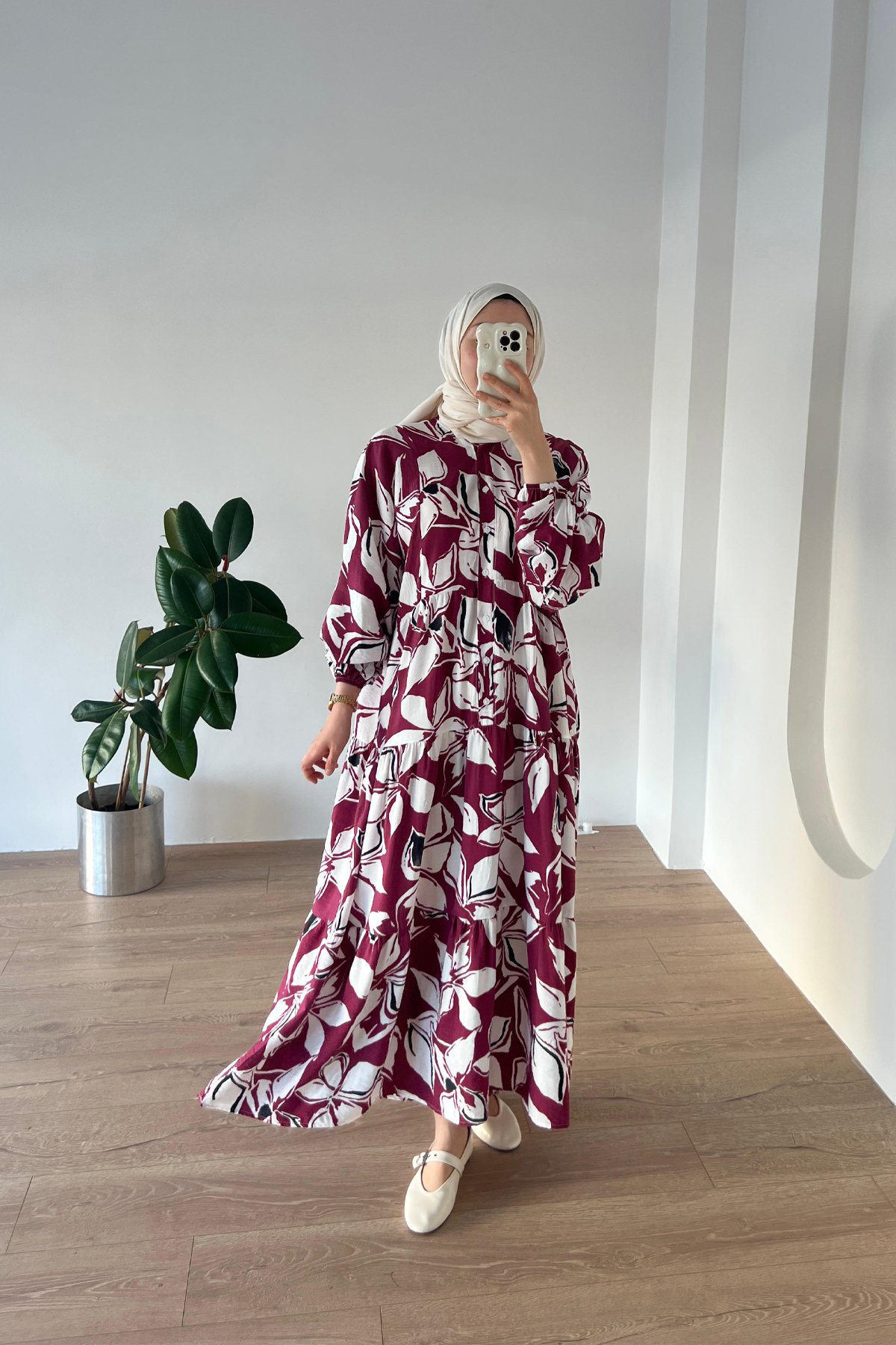 Floral Desen Elbise Bordo