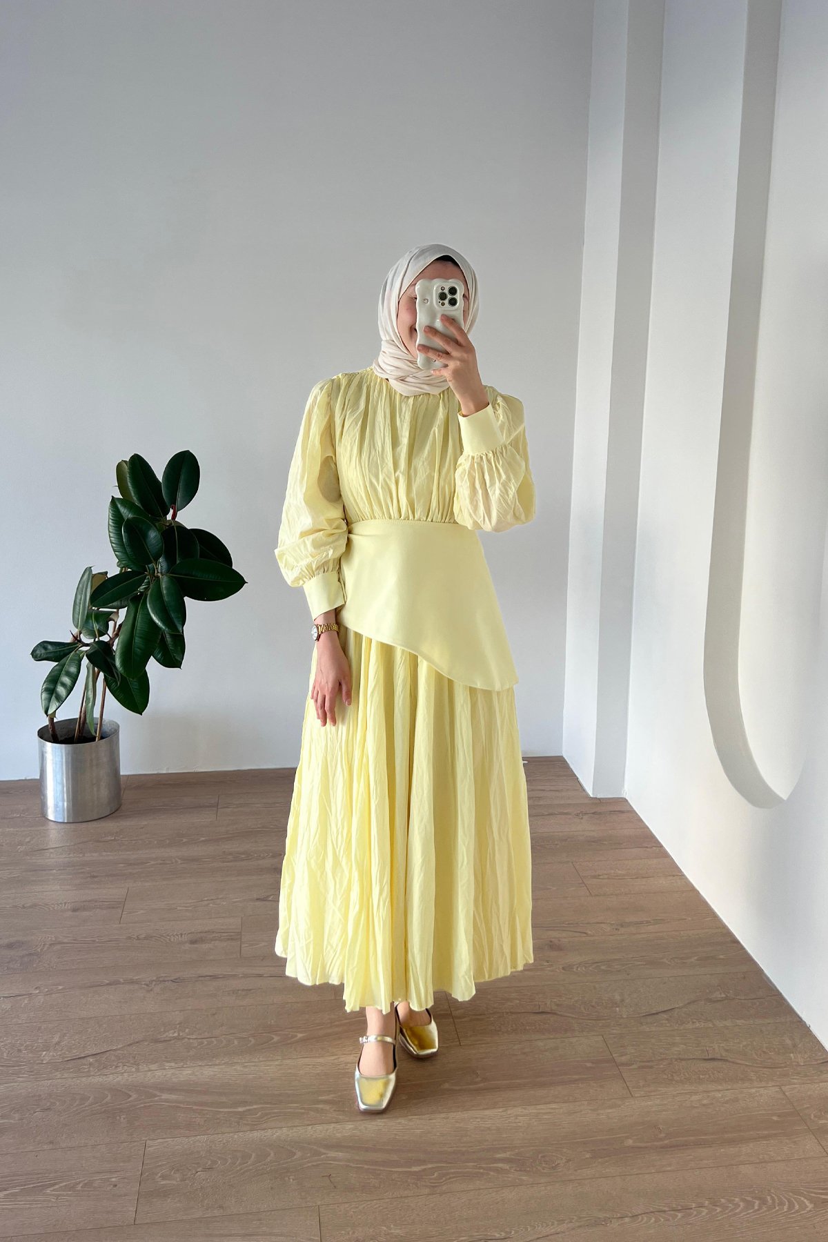 Kırışık Vual Elbise Soft Sarı