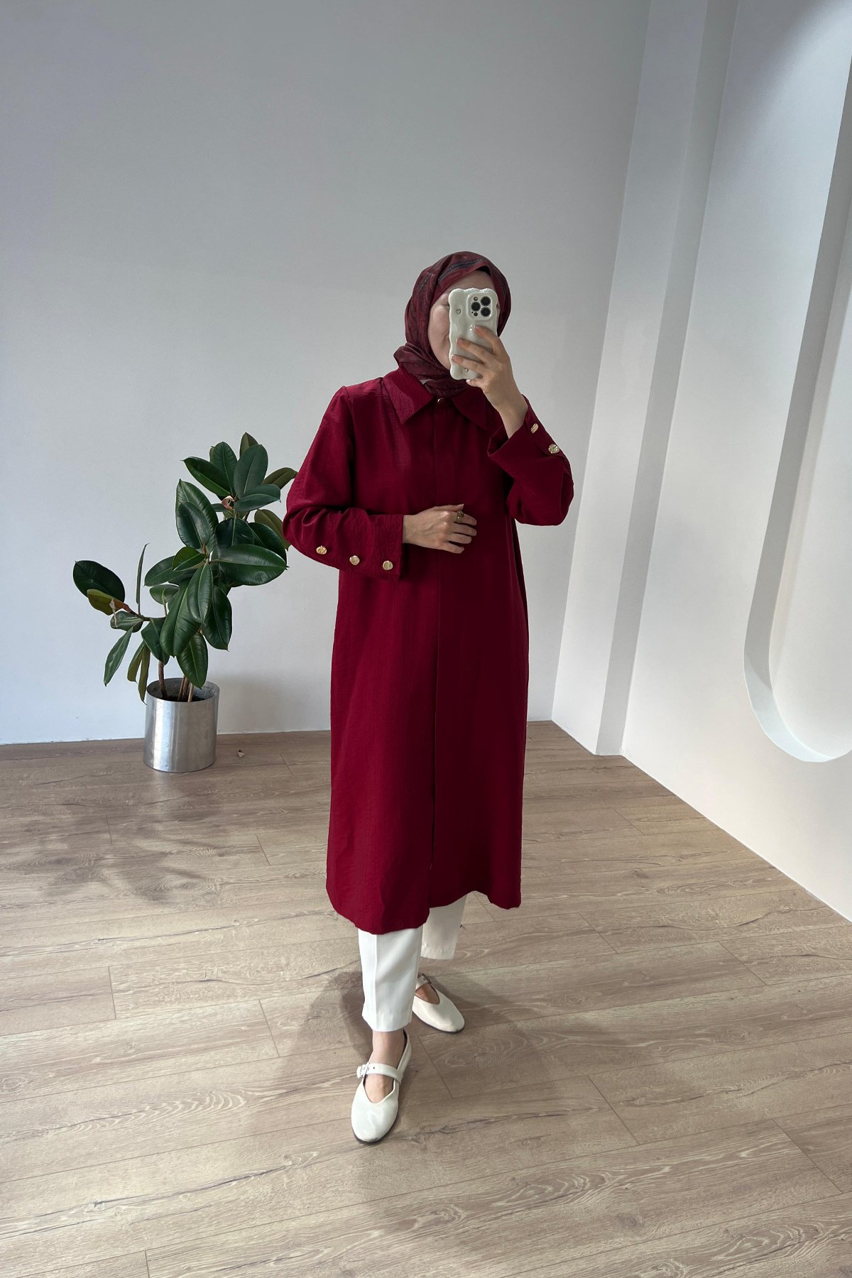 Düğme Detaylı Maxi Gömlek Bordo