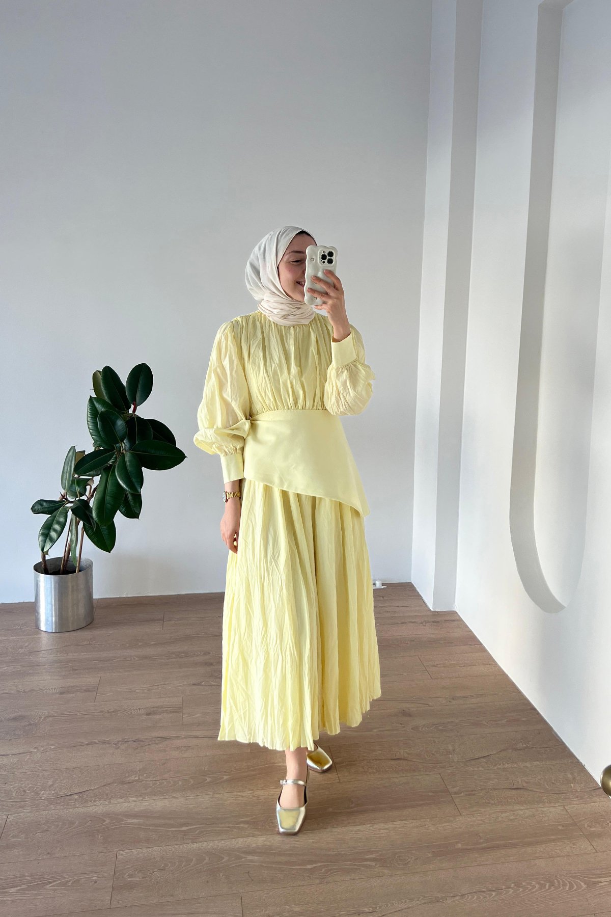 Kırışık Vual Elbise Soft Sarı