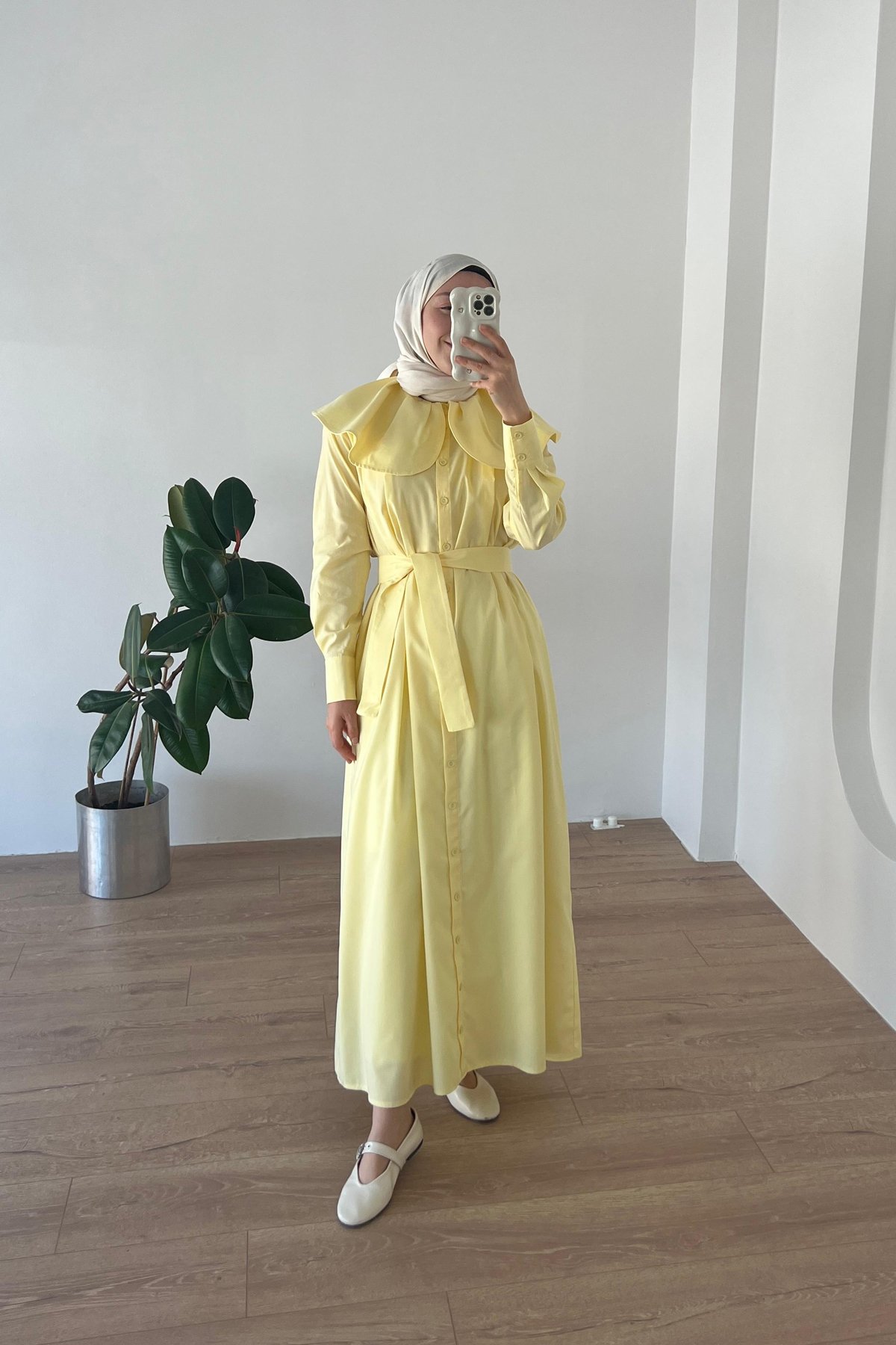 Papatya Yaka Vual Elbise Soft Sarı