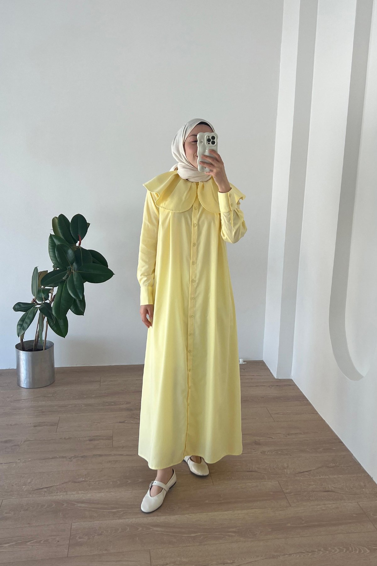 Papatya Yaka Vual Elbise Soft Sarı