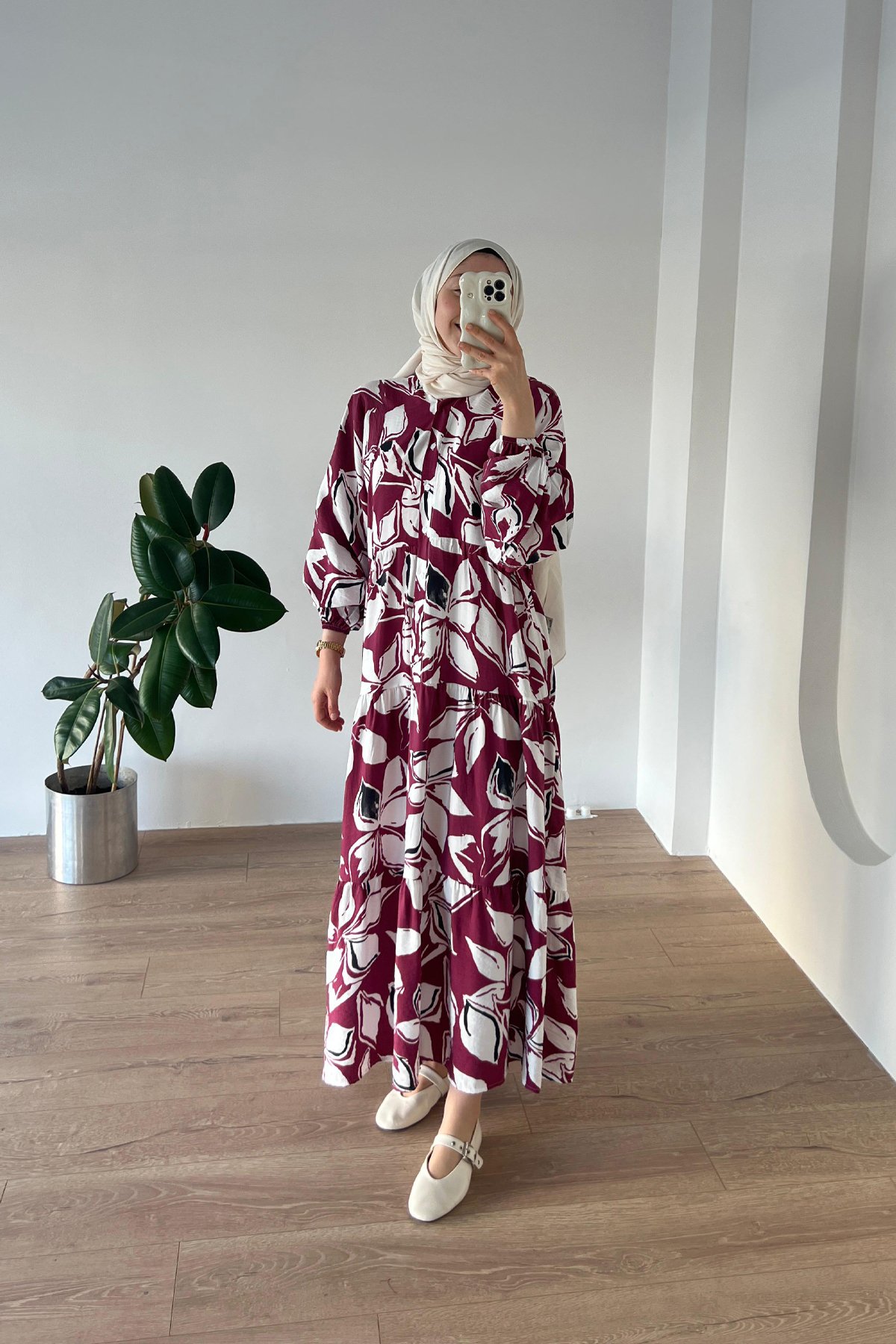 Floral Desen Elbise Bordo