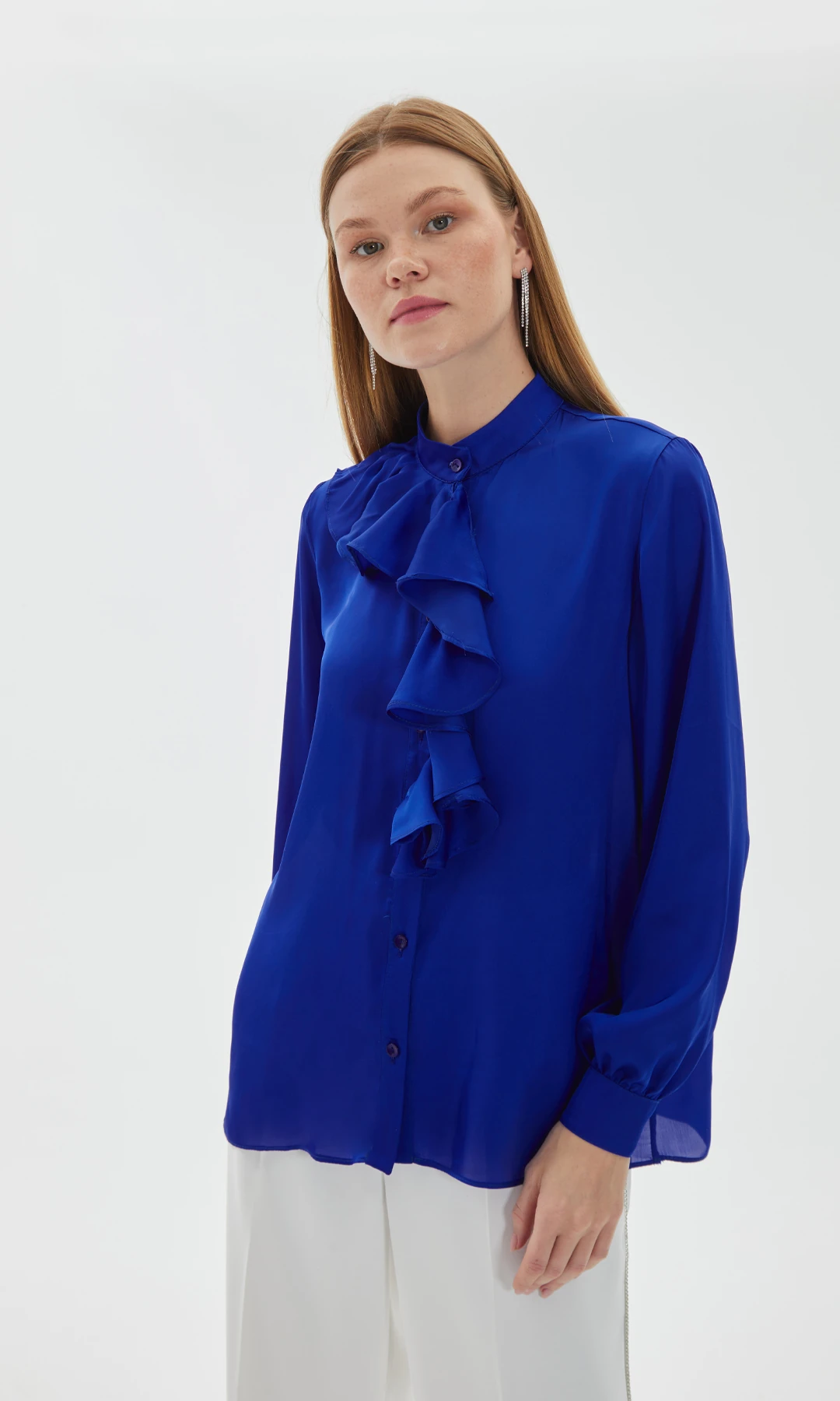 Volan Detay Saten Gömlek - Saks