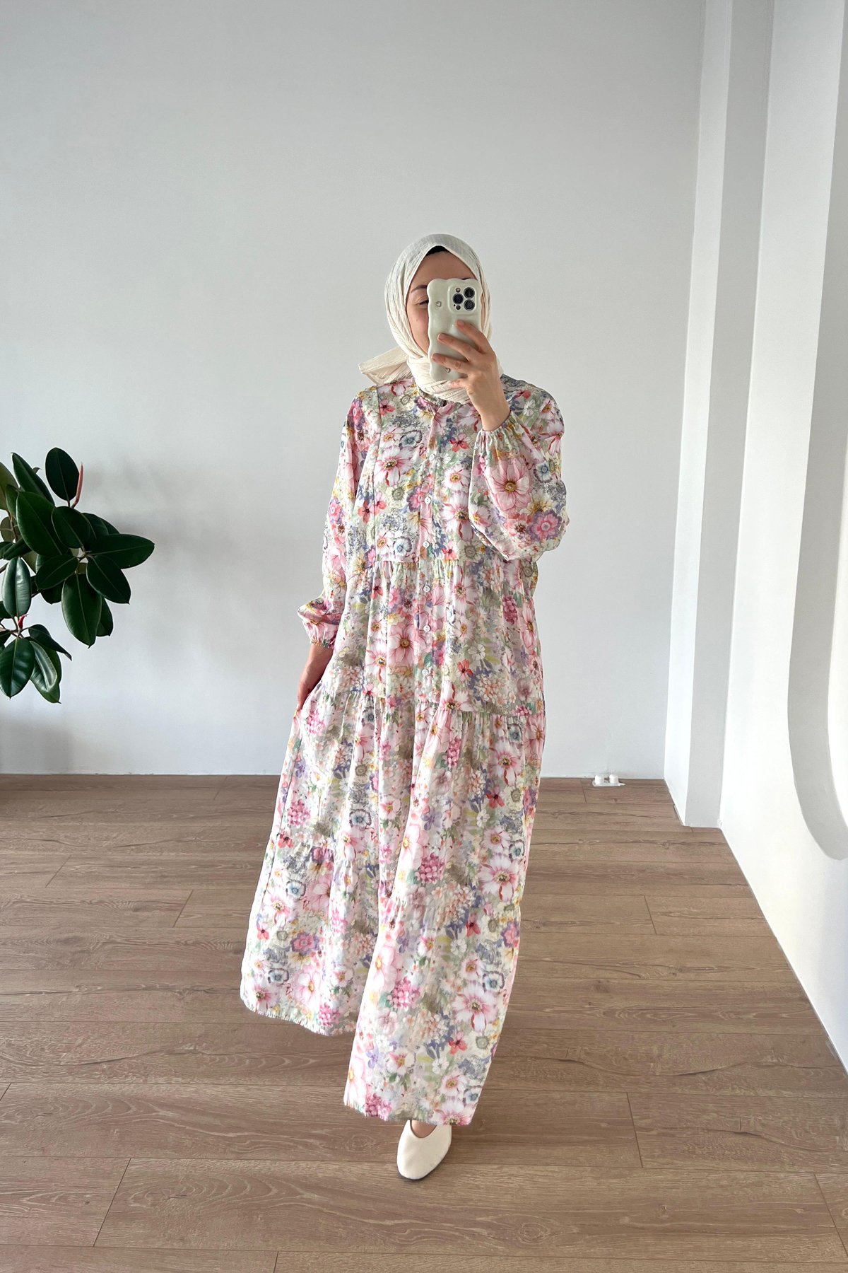 Çiçekli Modal Elbise Pembe