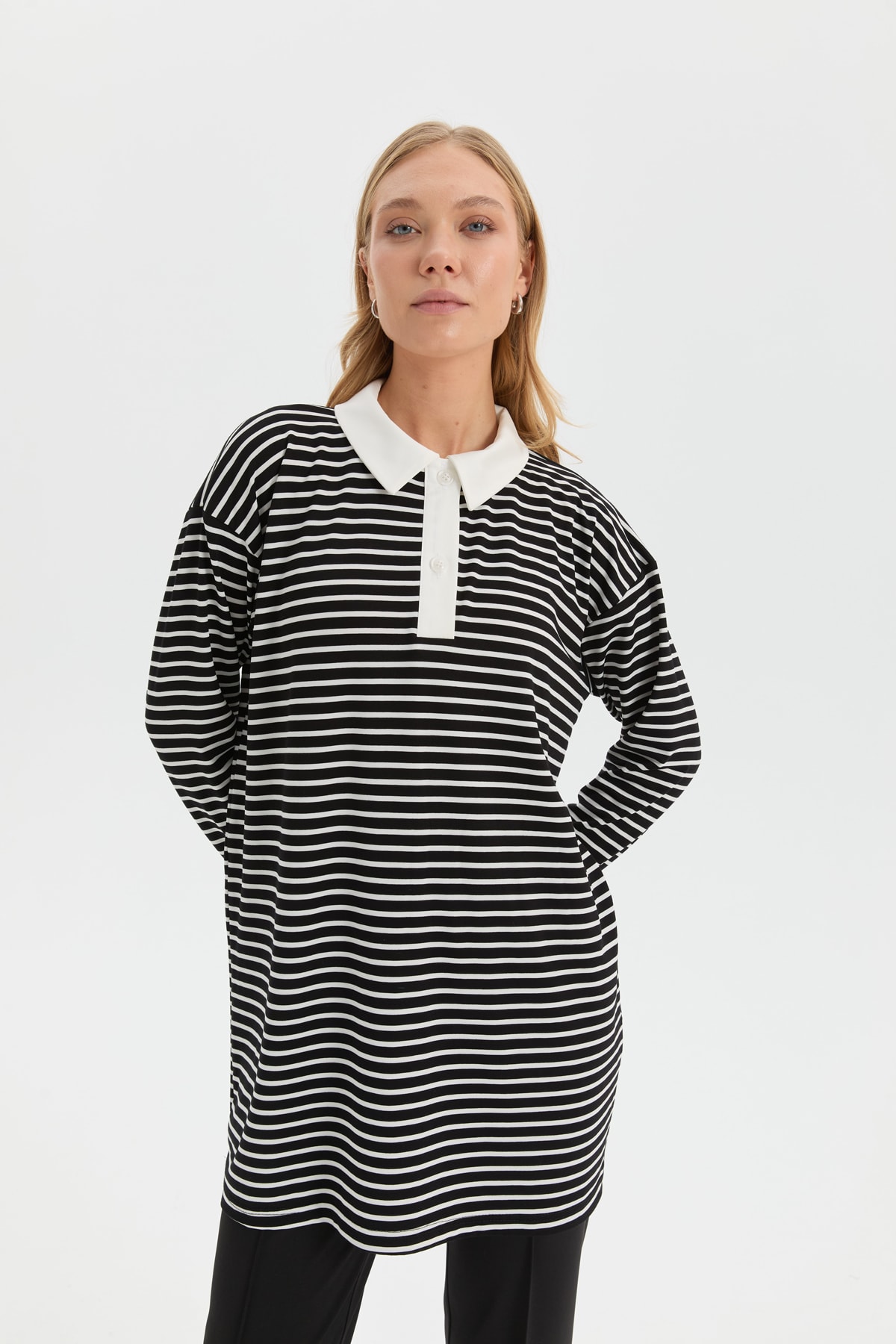 Polo Yaka Çizgili Sweat