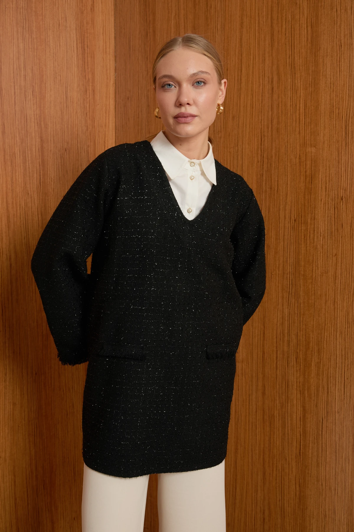 V Yaka Tüvit Tunik - Siyah