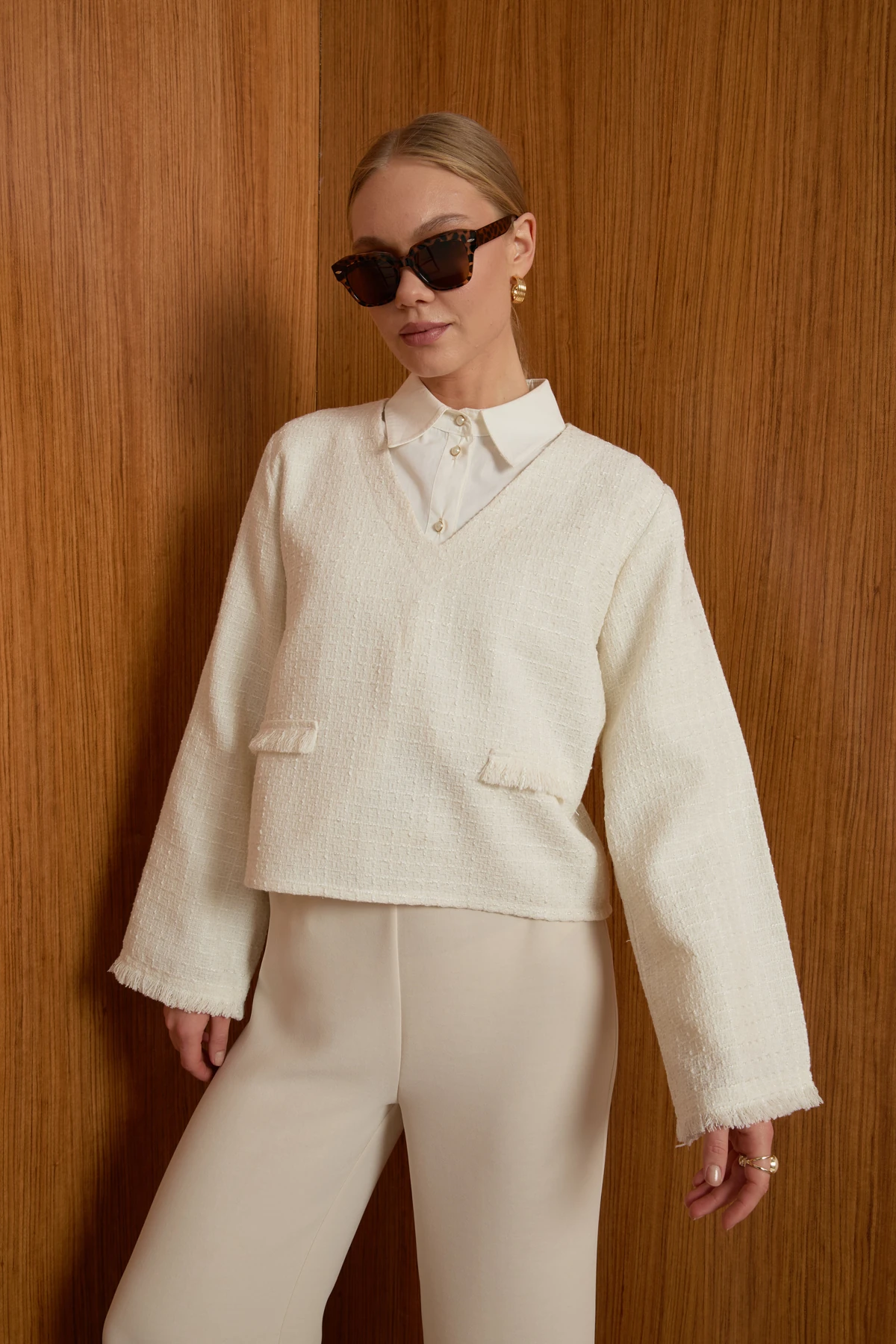 Tüvit Crop Bluz - Ekru