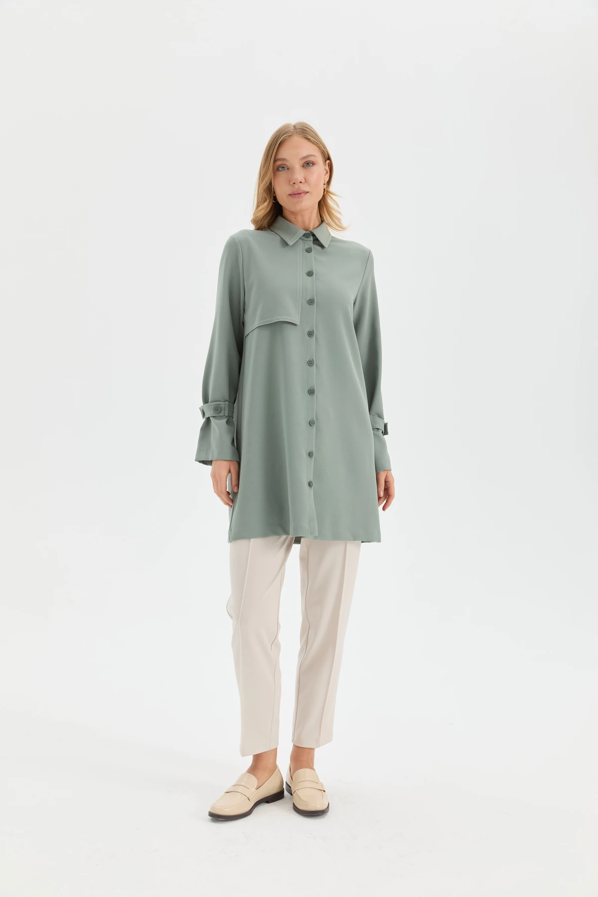 Kontrast Dikişli Maxi Gömlek