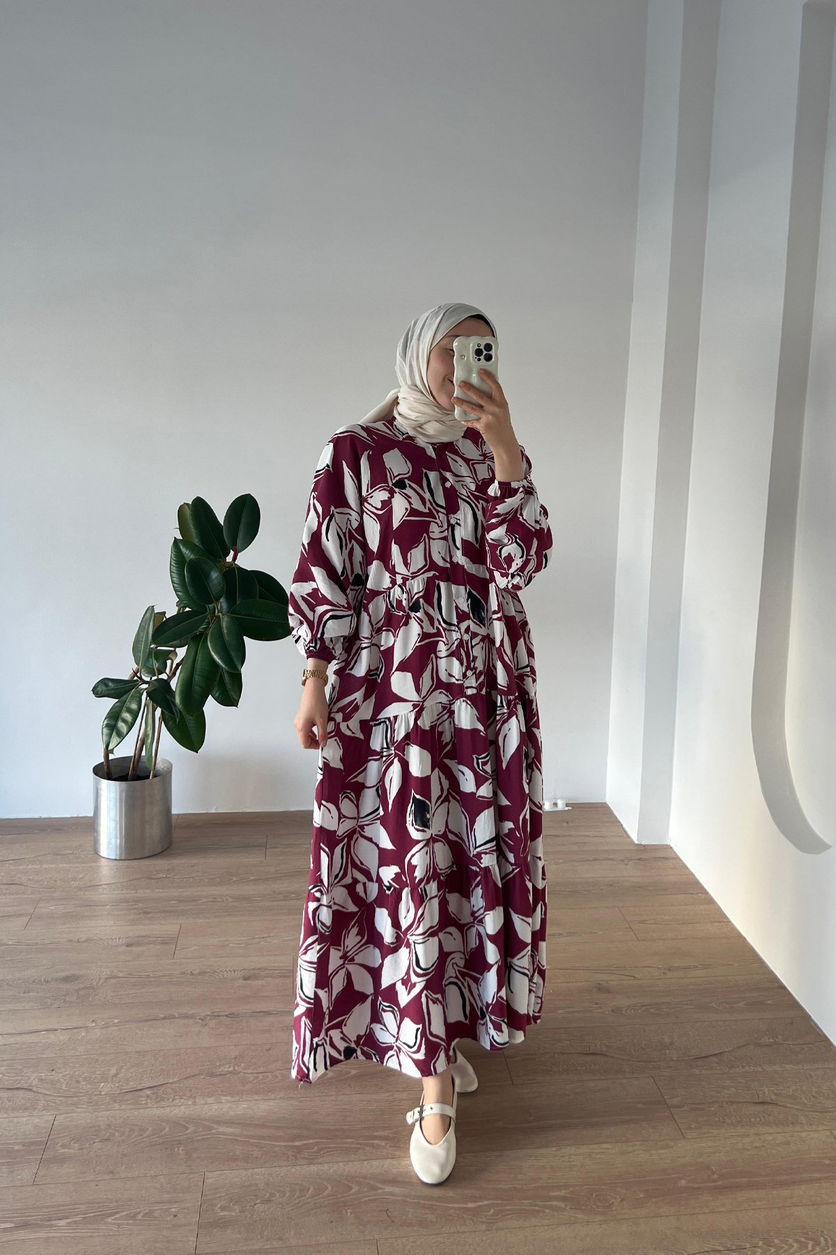 Floral Desen Elbise Bordo